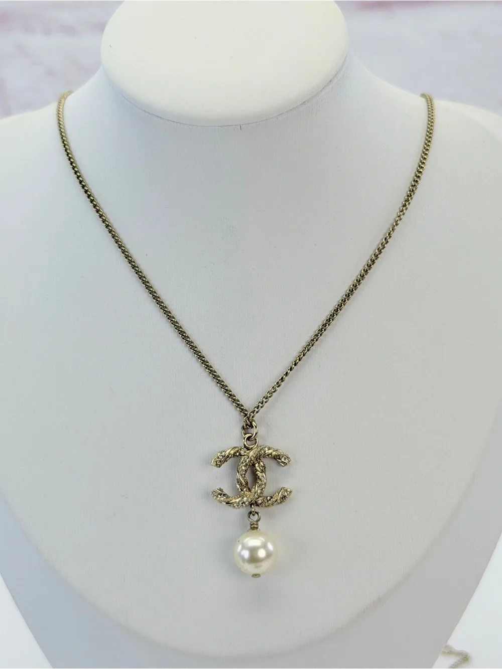 Chanel CC Crystal Pearl Gold Tone Pendant Necklace